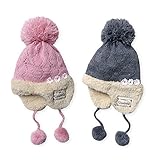 ベビー ニット帽 ニットキャップ 帽子 UZULAND 耳付き 花モチーフ ボア 女児 ベビー キッズ (2.グレー/46-48cm)