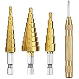 SODIAL 3ｘHSSチタンステップドリルビットセット& 1 ｘ自動センターパンチ