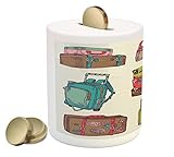 Doodle Piggy Bank by Ambesonne、カラフルなスーツケースHoliday Inspiredデザイン海外旅行ヴィンテージスタイルアートワーク、印刷セラミックコイン銀行お金ボック
