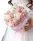 KINGZUO　ウェディングブーケ　造花 花束 結婚式 二次会 撮影 にも ブライダル フラワー　花嫁ブーケ　誕生日 プレゼント　結婚記念日 披露宴　ピンク　プロポーズ　ギフト　お祝い　インテリア飾り