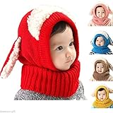 　赤ちゃん　幼児　冬　ビーニー　かぎ針　編み　ニット　暖かい　帽子　キャップ　スカーフ　ショール　ウサギ耳　全5色 - コー​​ヒー