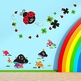 Walplus Removable Wall Stickers Blackboard - Lady Bird + Blackboard - Mushroom, Nursery Kid's Room, 