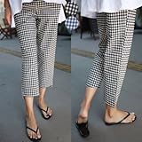 【bttm102919】ギンガムチェック 9分丈 ウエストリブ マタニティ パンツ (L, ブルー)