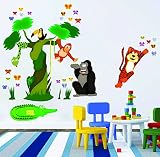 Nursery Wall Decals - Jungle Tree and Animals - Easy Peel and Stick Art Decor Stickers for Baby and 