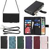Eastwave アイフォンfor iPhone X/XS ケース for iPhoneXS for iPhoneX 縄掛けケース 手帳型 財布型 ICカード コインポケット ストラップ付き カード 収納 小銭入れ ファスナーポケット付き PUレザー 6色 ブラック