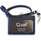 (シールアル) リール付きIDカードホルダー ID カードケース 本革 革 レザー ネックストラップ フィルム取替可 横型 社員証 ケース (02.ネイビー×ブラック)