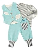 yuga☆【箱入り】「小人のベスト+バルーン・パンツ+ボーダー・Tシャツ 3点セット ターコイズ×グレー 80cm 」 オーガニックコットン100% ベビー 服 男の子 女の子 兼用 ロンT チョッキ
