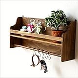 壁掛けシェルフ ウォールラック ウォールシェルフ 木製 飾り棚 ナチュラル カントリー フック付き 壁掛ウッドシェルフ Ｂ [cle3934]