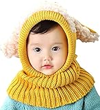 ニット帽子 赤ちゃん帽子 NIAFEYA ベビー キッズ 子供用 ケープ 一体型 マフラー かわいい 防寒 ネックウォーマー フード　選べるカラー 5色 うさぎちゃん風-イエロー