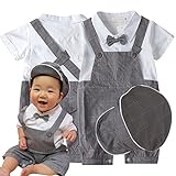 春 夏 半袖 運転手さん風 帽子付 フォーマル 蝶ネクタイ ベビー ロンパーススーツ フォーマル ≪子供服 結婚式 七五三 お食い初め 新生児 幼児 撮影 記念日 誕生日 ハーフバースデー 入園(グレ