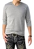 [フラグオンクルー] Vネック 7分袖 Tシャツ メンズ カットソー ストレッチフライス / E1C / L mixgray・杢グレー