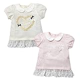 (ピンク/80cm)ベビー服 女の子 Tシャツ 丸衿 パフスリーブ 裾レースフリル ラメプリント ストーン装飾 リボン 女児 ベビー