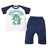 (ネイビー/90cm)ベビー服 男の子 パジャマ 半袖 UZULAND ウズランド 上下組 7分丈パンツ 脇ボタン付 後ろマチ 綿100％ クマ ロゴプリント 男児 ベビー