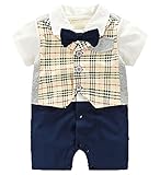 [RADISSY] ベビー 男の子 フォーマル カバーオール スーツ 蝶ネクタイ 半袖 かっこいい (73cm, チェック)