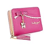 [DAMILY] 猫財布 女の子 ミニ財布 二つ折り かわいい ねこチャーム リボン 小さい財布 ラウンドファスナー ウォレット 小銭入れ カードコインケース コンパクト 人気 レディース さいふ 子供用プレゼント (ローズ)