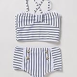 BABY ONE™ （ベビーワン）キッズ水着ワンピースハイウエスト ショートパンツ2点セット ボーダー柄 (90cm, ネイビー)