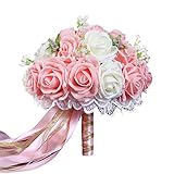 HooMall ウェディングブーケ ブライダルフラワー アートフラワー バラ 造花 結婚式 ローズ かわいい 新婦 花嫁 花束 真珠 レース 枯れない花 プレゼント (33CM, カラー4)