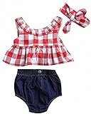 Canisベビーガールズ格子柄フリル付きリボン付きタンクトップとデニムショーツOutfit withヘッドバンド カラー: レッド