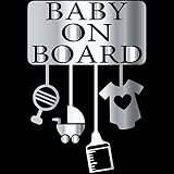TREZ BABY ON BOARD マストアイテムセット 哺乳瓶 ベビーカー ガラガラ ベビー服 ロンパース ステッカー 【BABY IN CAR】 (ミラーシルバー)