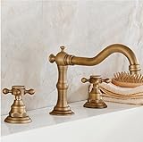 Beelee Deck Mounted Three Holes Double Handles Widespread Bathroom Sink Faucet, Antique Brass Finish