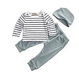 ベビー　服　ｔシャツ　ロングパンツ　帽子　3点セット　赤ちゃん服　ストライプ　綿　長袖　秋物　春服　ソフト　快適　男女兼用 (80)