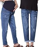 Sweet Mommy マタニティボトム デニムパンツ ダメージテーパードデニム ジーンズ アンクル丈 柔らかコットンデニム ウエスト調節機能 お腹すっぽりウエストリブ 9分丈 ストレッチデニム 臨月