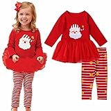 Puresinoキッズ 子供服 女の子　クリスマス ワンピース+ズボン2点セット サンタ ドレス 衣装 コスチューム ベビー (90, レッド)