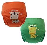 Simple Plan　ベビー　かわいい　動物柄　トレーニングパンツ　4層　100%コットン製　立体構造　漏れにくい　2枚組　ショーツ 肌着 (90, オレンジ＋グリーン)