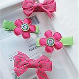 ヘアークリップセット シリコンラバーのストッパー付フラワー・リボン　ピンク ベビー ヘアピン ヘアクリップ リボン 髪飾り ヘアアクセ