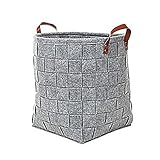 AOLVO折りたたみランドリーバスケット、ショートCollapsible Laundry Basket WovenフェルトスリムランドリーバスケットHamperストレージビンwithレザーハンドルのお