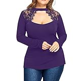Maladaレディース長袖無地プラスサイズレースカジュアルブラウスゆったりトップスTシャツ 1XL/13W パープル