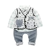 Milkiwai ３点セット ベビーロンパース 長袖 チェックシャツ+スタープリントベスト+ストレッチパンツ カバーオール 幼児 ボーイズ 紳士 size 110 (グリーン)