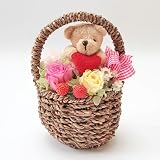 クリアケース入りクマのぬいぐるみ付プリザーブドフラワー「ナチュラルバスケットS」