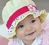【紫外線からベビーを守る&選べる8色】水玉 可愛い 帽子 つば 付き フリル リボン ドット 花 フラワー フード ベビー キッズ 日焼け 帽子 UV 日よけ (F. イエロー(白黒水玉コンビ))