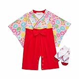 AMIGOYO ベビー服 キッズ 着物 和装 女の子 男の子 袴風 カバーオール ロンパース フォーマル 花柄 盆踊り 花火大会 足袋風ソックス付き