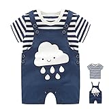 エルフ ベビー(Fairy Baby)ベビー服セット スーツ 半袖Tジャツ サスペンダー付きパンツ 可愛い(紺色 雲柄、サイズ66)