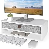Fenge モニター台 卓上 パソコン台 pc台 2段 42cm横幅 木製天板 モニターだい 引き出し ラップトップ 台 キーボード 収納 (ホワイト)