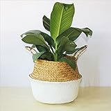 Samber手編み折りたたみ式植物花ポットナチュラルシーグラス編みバスケット玩具ストレージバスケットWoveningランドリーバスケット折りたたみ式ハンドクラフト織りベリーバスケットハンドル付き L 