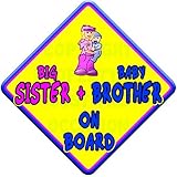 (SUN) BIG SISTER + BABY BROTHER ON BOARD (like baby on board sign) Non Personalised novelty baby on 