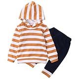 ベビー服　男の子 女の子　 長袖ストライプ プリントパーカーとパンツアウトフィット (100(18-24M), オレンジ)