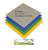 Lego-Compatible Brick Building Base 10'' x 10'' Green, Grey, Orange, and Blue 4 Baseplates in a Set 