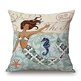 BeautyCN® マーメイドコットンリネンスクエア装飾スローピローケースクッションカバー18 x 18インチ (04)