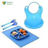 Raymoon ベビー用　食事用 防水 エプロン　食器 　シリコン製　大きいポケット付き 軽くて柔らかい 可愛い図案付き　食事こぼしキャッチ　持ち運び便利　プレゼント　出産祝い　洗いやすい　フォーク　