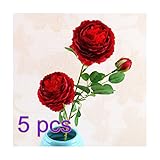 Moobom　バラの花 　薔薇　上質な造花　人工観葉植物 ブーケ 花束　美しい ロマンチックな雰囲気 ホーム飾り 室内装飾　飾り物　5pcs size 5PCS (Red)