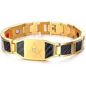 Rockyu ジュエリー 人気ブランド 磁気ブレスレット メンズ ゲルマニウム ゴールドブレスレット 静電気除去 純チタン製 血行促進 睡眠改善 肩こり軽減 抗疲労 金属アレルギーフリー 刻印 フリーメーソン 幅広12㎜