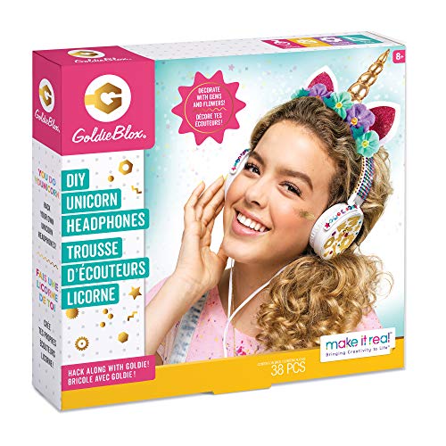 Make It Real - GoldieBlox DIY Unicorn Headphones Kids STEM Arts & Crafts - Includes Volume Limiting Headphones, Stickers, Sequins, Beads