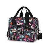 CCDMJ ランチバッグ シュガースカル フラワー 猫 ランチボックス オーガナイザー 断熱 防水 メンズ レディース トート クーラー ハンドバッグ 調節可能なショルダーストラップ 子供 女の子 男の子 学校 オフィス ピクニック