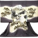 【紋入れ付き】【お宮参り着物】【紫がかったグレー系 富士山に鷹と松の柄】男の子 手描友禅 正絹【風呂敷プレゼント/ギフト対応】
