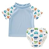 ベビー スイムパンツ+半袖ラッシュガードセット ハイネック 男の子 女の子 ベビー 水着 (80cm,90cm,100cm) (100cm, ブルー車柄セット)