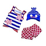 「楽々セレクトショップ」DUDU&MUMU正規品 全２色　大人気 ヒトデ柄 魚尾付き　上下セット 可愛い子供用水着 男の子 女の子 ブルーストライプ スクール セパレート キャップ付き 海水浴 スイミ